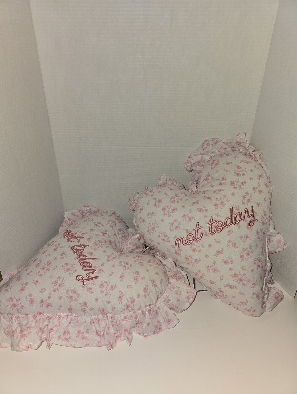 Heart-Shaped Ruffle Throw Pillow Pink Floral "not today"